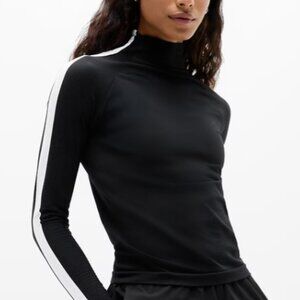 Athleta Renew Seamless Mock Neck Top Black Long sleeve white stripe